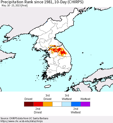 Korea Precipitation Rank since 1981, 10-Day (CHIRPS) Thematic Map For 5/16/2023 - 5/25/2023