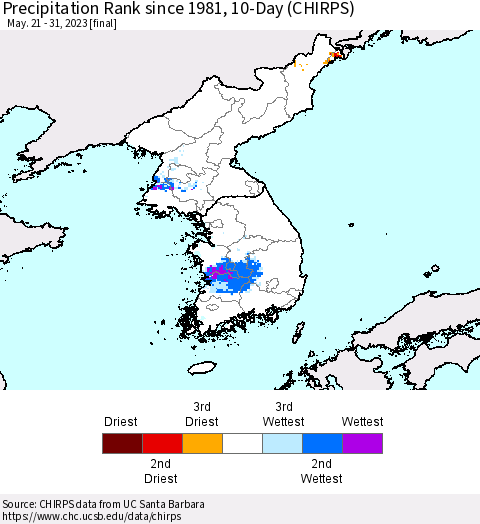 Korea Precipitation Rank since 1981, 10-Day (CHIRPS) Thematic Map For 5/21/2023 - 5/31/2023