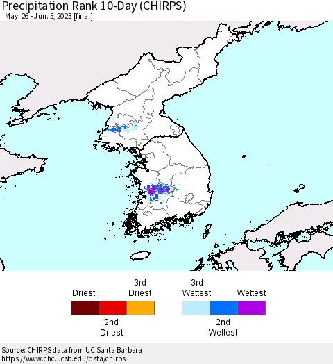 Korea Precipitation Rank since 1981, 10-Day (CHIRPS) Thematic Map For 5/26/2023 - 6/5/2023