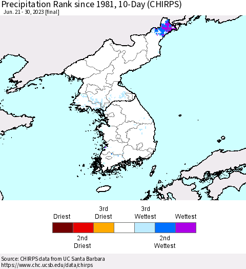 Korea Precipitation Rank since 1981, 10-Day (CHIRPS) Thematic Map For 6/21/2023 - 6/30/2023