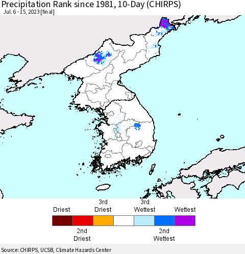 Korea Precipitation Rank since 1981, 10-Day (CHIRPS) Thematic Map For 7/6/2023 - 7/15/2023