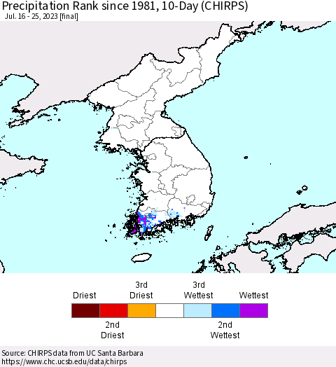 Korea Precipitation Rank since 1981, 10-Day (CHIRPS) Thematic Map For 7/16/2023 - 7/25/2023