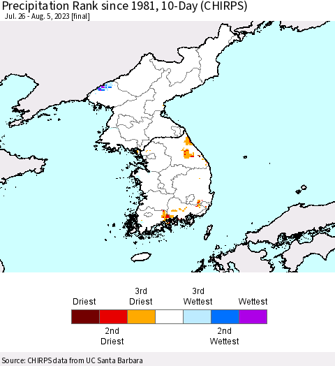 Korea Precipitation Rank since 1981, 10-Day (CHIRPS) Thematic Map For 7/26/2023 - 8/5/2023
