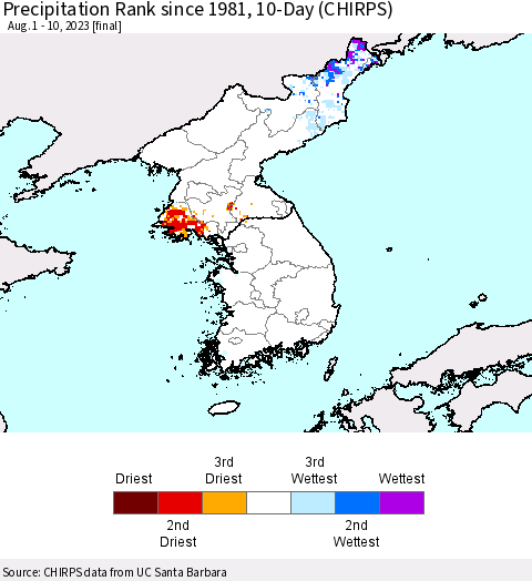 Korea Precipitation Rank since 1981, 10-Day (CHIRPS) Thematic Map For 8/1/2023 - 8/10/2023