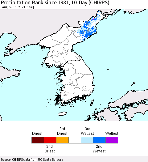 Korea Precipitation Rank since 1981, 10-Day (CHIRPS) Thematic Map For 8/6/2023 - 8/15/2023