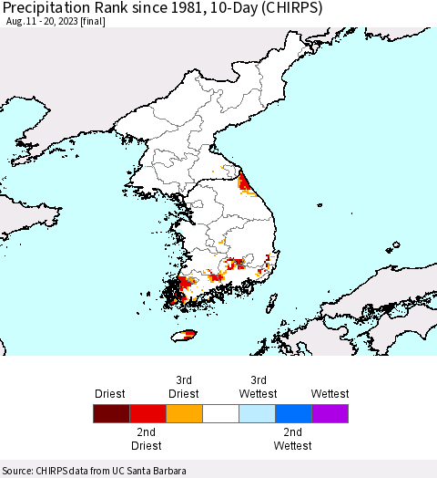 Korea Precipitation Rank since 1981, 10-Day (CHIRPS) Thematic Map For 8/11/2023 - 8/20/2023
