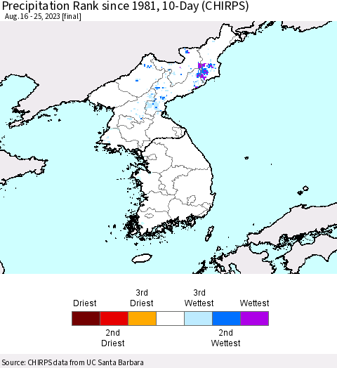 Korea Precipitation Rank since 1981, 10-Day (CHIRPS) Thematic Map For 8/16/2023 - 8/25/2023