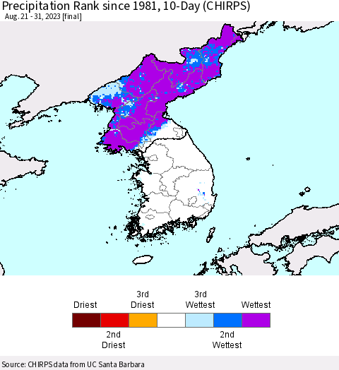 Korea Precipitation Rank since 1981, 10-Day (CHIRPS) Thematic Map For 8/21/2023 - 8/31/2023