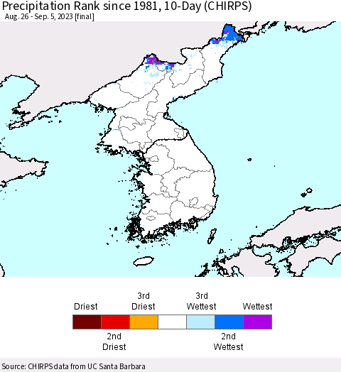 Korea Precipitation Rank since 1981, 10-Day (CHIRPS) Thematic Map For 8/26/2023 - 9/5/2023