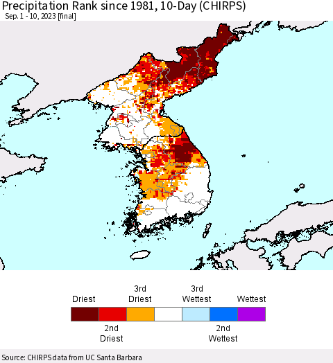 Korea Precipitation Rank since 1981, 10-Day (CHIRPS) Thematic Map For 9/1/2023 - 9/10/2023