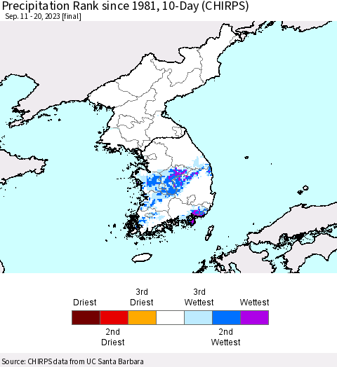 Korea Precipitation Rank since 1981, 10-Day (CHIRPS) Thematic Map For 9/11/2023 - 9/20/2023