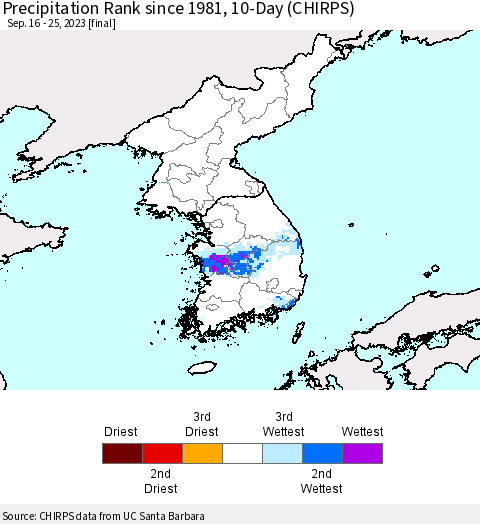 Korea Precipitation Rank since 1981, 10-Day (CHIRPS) Thematic Map For 9/16/2023 - 9/25/2023