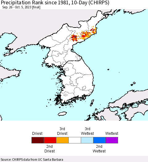 Korea Precipitation Rank since 1981, 10-Day (CHIRPS) Thematic Map For 9/26/2023 - 10/5/2023