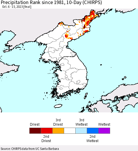 Korea Precipitation Rank since 1981, 10-Day (CHIRPS) Thematic Map For 10/6/2023 - 10/15/2023