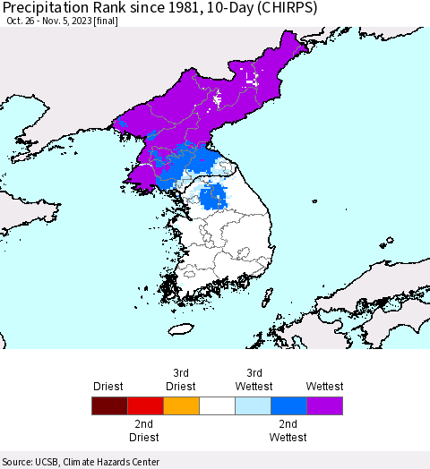 Korea Precipitation Rank since 1981, 10-Day (CHIRPS) Thematic Map For 10/26/2023 - 11/5/2023