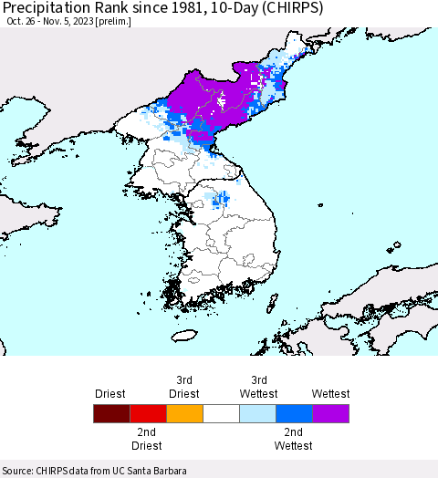 Korea Precipitation Rank since 1981, 10-Day (CHIRPS) Thematic Map For 10/26/2023 - 11/5/2023