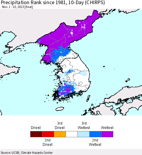 Korea Precipitation Rank since 1981, 10-Day (CHIRPS) Thematic Map For 11/1/2023 - 11/10/2023