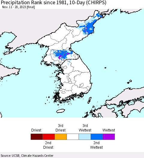 Korea Precipitation Rank since 1981, 10-Day (CHIRPS) Thematic Map For 11/11/2023 - 11/20/2023