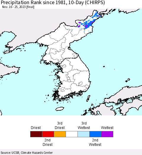 Korea Precipitation Rank since 1981, 10-Day (CHIRPS) Thematic Map For 11/16/2023 - 11/25/2023
