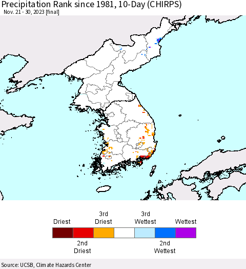 Korea Precipitation Rank since 1981, 10-Day (CHIRPS) Thematic Map For 11/21/2023 - 11/30/2023