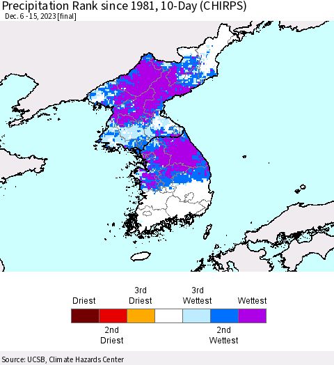 Korea Precipitation Rank since 1981, 10-Day (CHIRPS) Thematic Map For 12/6/2023 - 12/15/2023