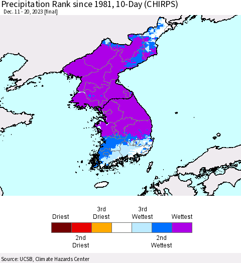 Korea Precipitation Rank since 1981, 10-Day (CHIRPS) Thematic Map For 12/11/2023 - 12/20/2023