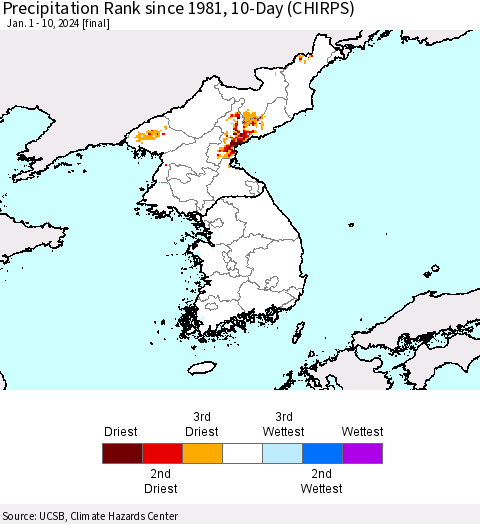 Korea Precipitation Rank since 1981, 10-Day (CHIRPS) Thematic Map For 1/1/2024 - 1/10/2024