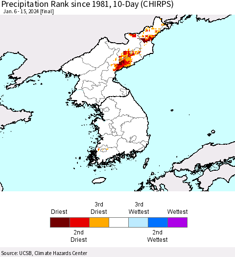 Korea Precipitation Rank since 1981, 10-Day (CHIRPS) Thematic Map For 1/6/2024 - 1/15/2024