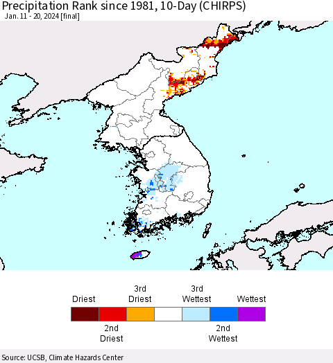 Korea Precipitation Rank since 1981, 10-Day (CHIRPS) Thematic Map For 1/11/2024 - 1/20/2024