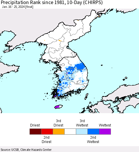 Korea Precipitation Rank since 1981, 10-Day (CHIRPS) Thematic Map For 1/16/2024 - 1/25/2024