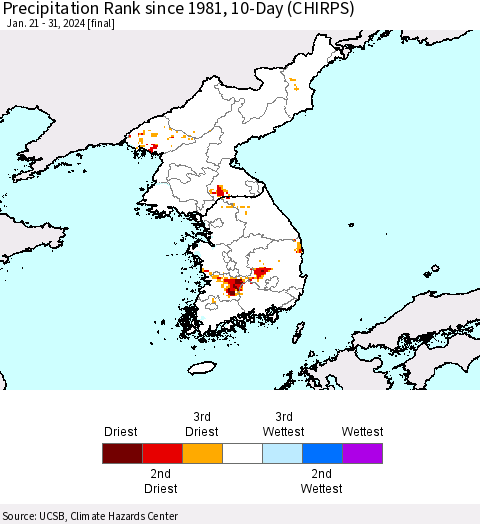 Korea Precipitation Rank since 1981, 10-Day (CHIRPS) Thematic Map For 1/21/2024 - 1/31/2024