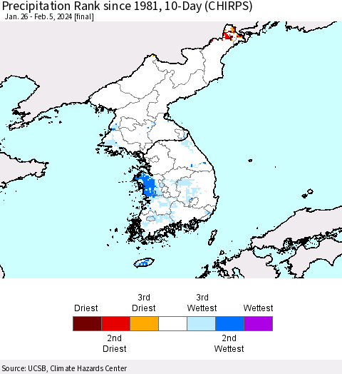 Korea Precipitation Rank since 1981, 10-Day (CHIRPS) Thematic Map For 1/26/2024 - 2/5/2024