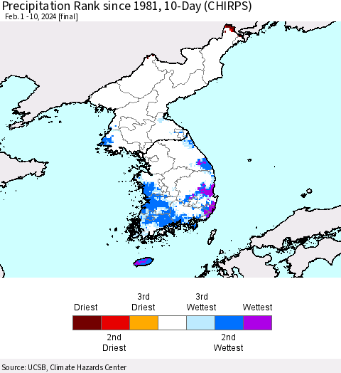 Korea Precipitation Rank since 1981, 10-Day (CHIRPS) Thematic Map For 2/1/2024 - 2/10/2024