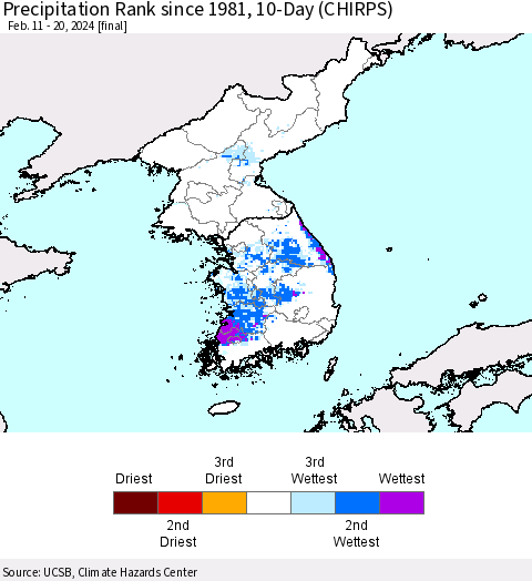 Korea Precipitation Rank since 1981, 10-Day (CHIRPS) Thematic Map For 2/11/2024 - 2/20/2024