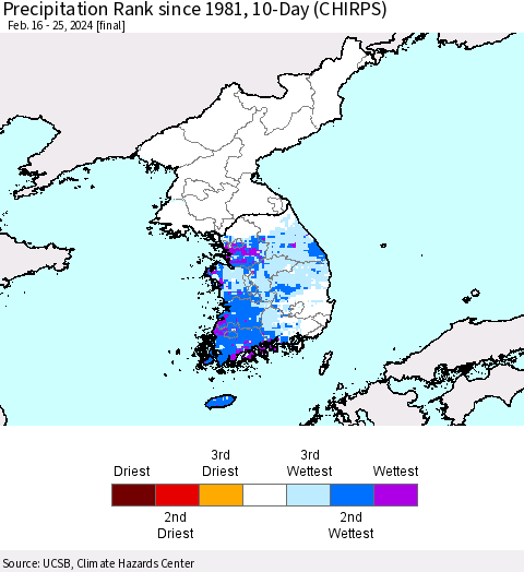 Korea Precipitation Rank since 1981, 10-Day (CHIRPS) Thematic Map For 2/16/2024 - 2/25/2024