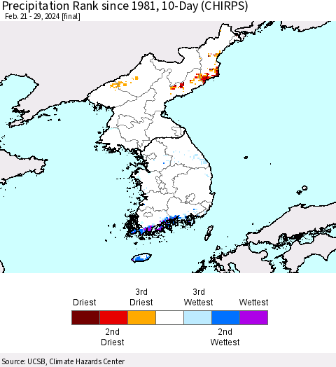 Korea Precipitation Rank since 1981, 10-Day (CHIRPS) Thematic Map For 2/21/2024 - 2/29/2024