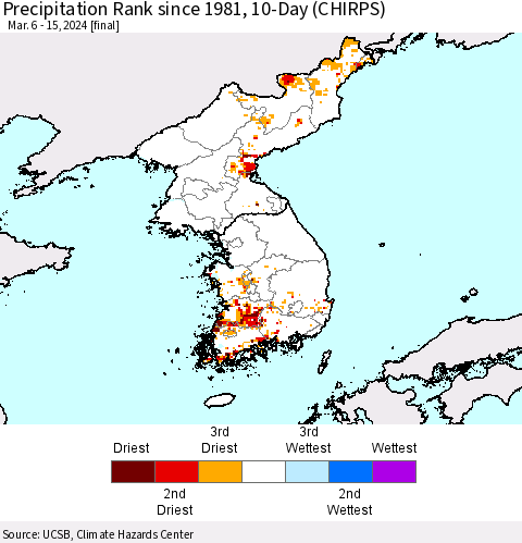 Korea Precipitation Rank since 1981, 10-Day (CHIRPS) Thematic Map For 3/6/2024 - 3/15/2024