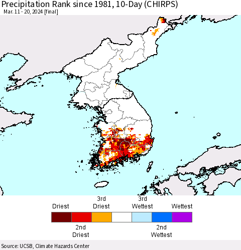 Korea Precipitation Rank since 1981, 10-Day (CHIRPS) Thematic Map For 3/11/2024 - 3/20/2024