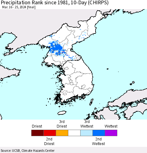 Korea Precipitation Rank since 1981, 10-Day (CHIRPS) Thematic Map For 3/16/2024 - 3/25/2024