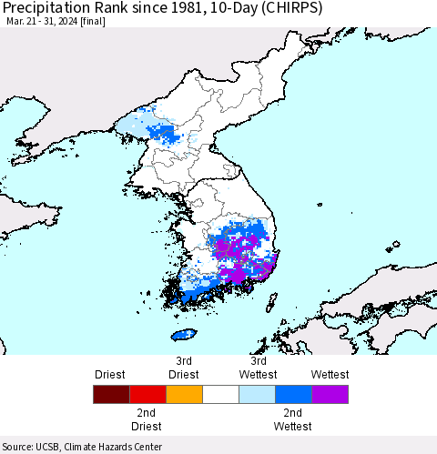 Korea Precipitation Rank since 1981, 10-Day (CHIRPS) Thematic Map For 3/21/2024 - 3/31/2024
