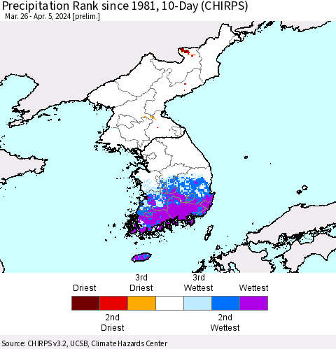 Korea Precipitation Rank since 1981, 10-Day (CHIRPS) Thematic Map For 3/26/2024 - 4/5/2024