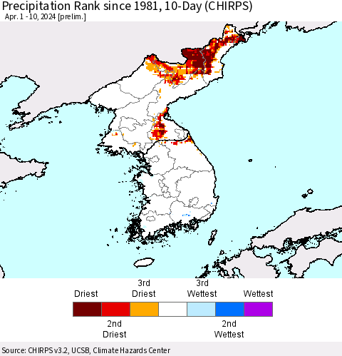 Korea Precipitation Rank since 1981, 10-Day (CHIRPS) Thematic Map For 4/1/2024 - 4/10/2024