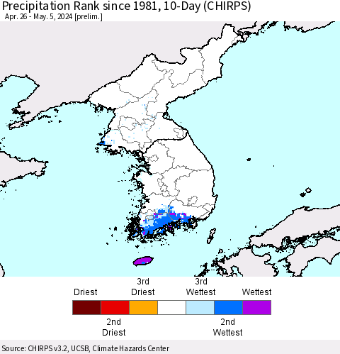 Korea Precipitation Rank since 1981, 10-Day (CHIRPS) Thematic Map For 4/26/2024 - 5/5/2024
