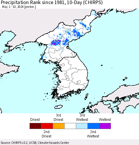 Korea Precipitation Rank since 1981, 10-Day (CHIRPS) Thematic Map For 5/1/2024 - 5/10/2024