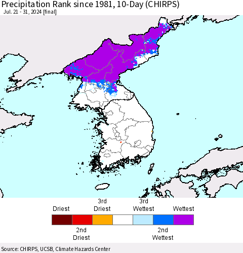 Korea Precipitation Rank since 1981, 10-Day (CHIRPS) Thematic Map For 7/21/2024 - 7/31/2024