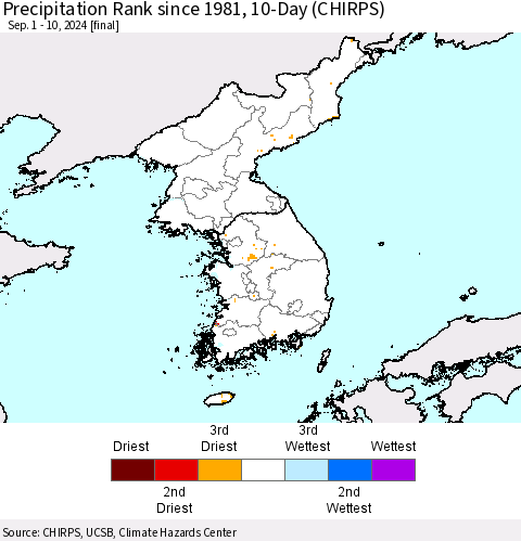 Korea Precipitation Rank since 1981, 10-Day (CHIRPS) Thematic Map For 9/1/2024 - 9/10/2024