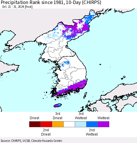 Korea Precipitation Rank since 1981, 10-Day (CHIRPS) Thematic Map For 10/21/2024 - 10/31/2024