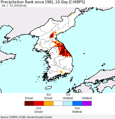 Korea Precipitation Rank since 1981, 10-Day (CHIRPS) Thematic Map For 12/1/2024 - 12/10/2024