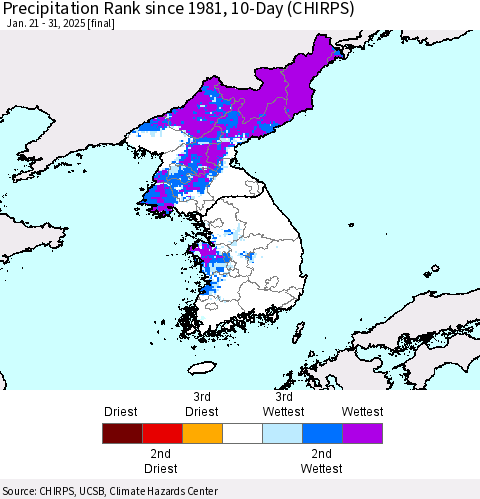 Korea Precipitation Rank since 1981, 10-Day (CHIRPS) Thematic Map For 1/21/2025 - 1/31/2025