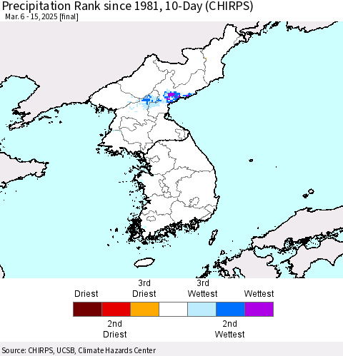 Korea Precipitation Rank since 1981, 10-Day (CHIRPS) Thematic Map For 3/6/2025 - 3/15/2025